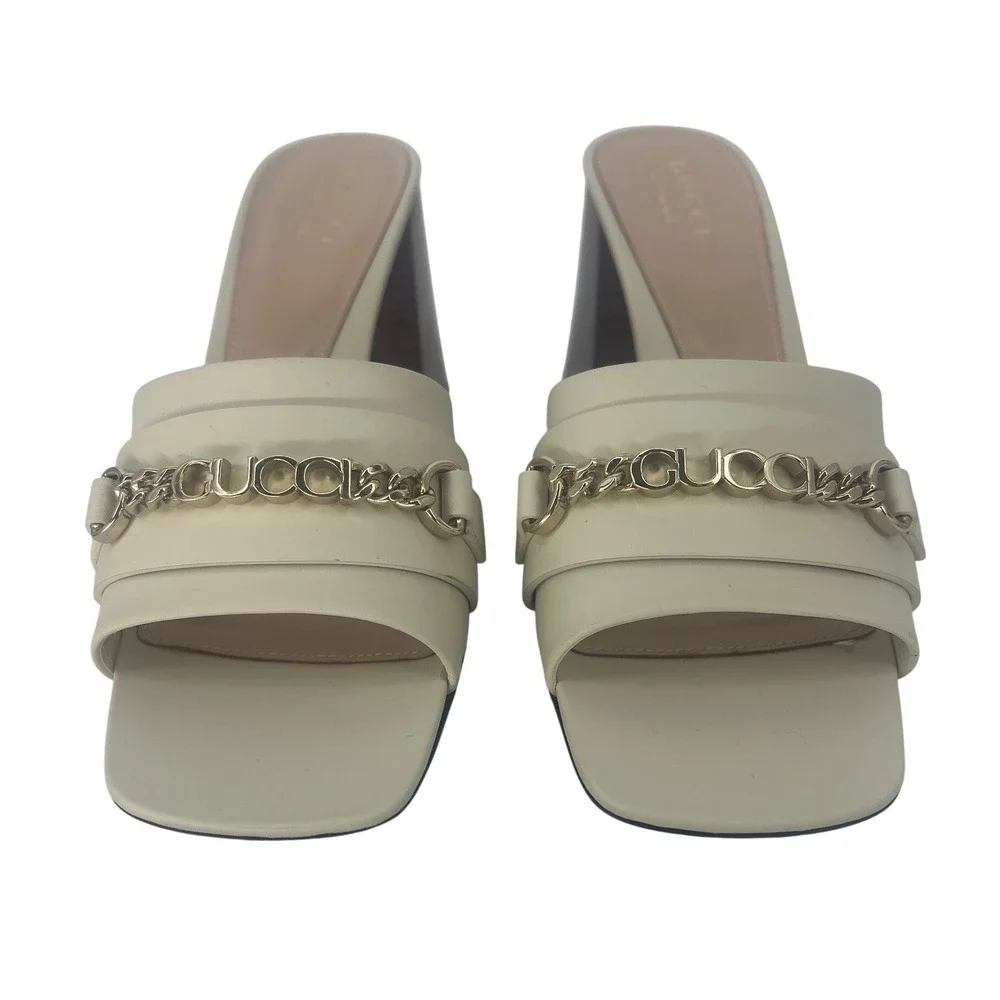 Gucci Signoria Slide Sandals White Leather Chain Heels Size 38